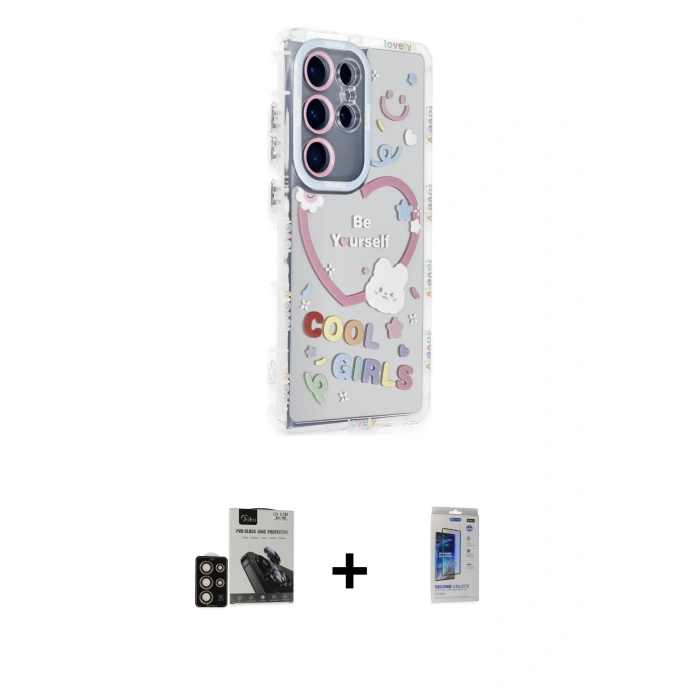 MARSİLYAN™- Galaxy S24 Ultra Kılıf Ahenk Modern Serisi - Siyah Durable Full Glue Curved Hayalet Cam + PVD Metal Kamera Lens - GD