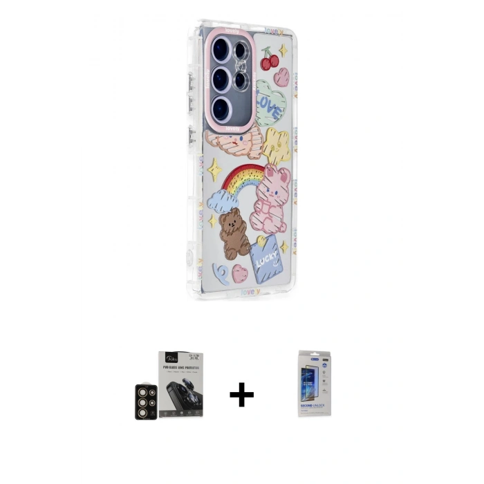 MARSİLYAN™- Galaxy S24 Ultra Kılıf Ahenk Modern Serisi - Siyah Durable Full Glue Curved Hayalet Cam + PVD Metal Kamera Lens - GD