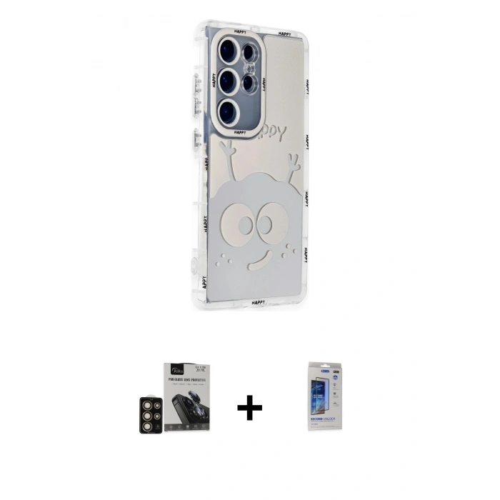 MARSİLYAN™- Galaxy S24 Ultra Kılıf Ahenk Modern Serisi - Siyah Durable Full Glue Curved Hayalet Cam + PVD Metal Kamera Lens - GD
