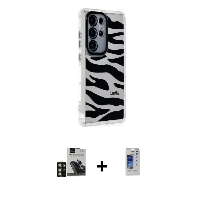 MARSİLYAN™- Galaxy S24 Ultra Kılıf Ahenk Modern Serisi - Siyah Durable Full Glue Curved Hayalet Cam + PVD Metal Kamera Lens - GD