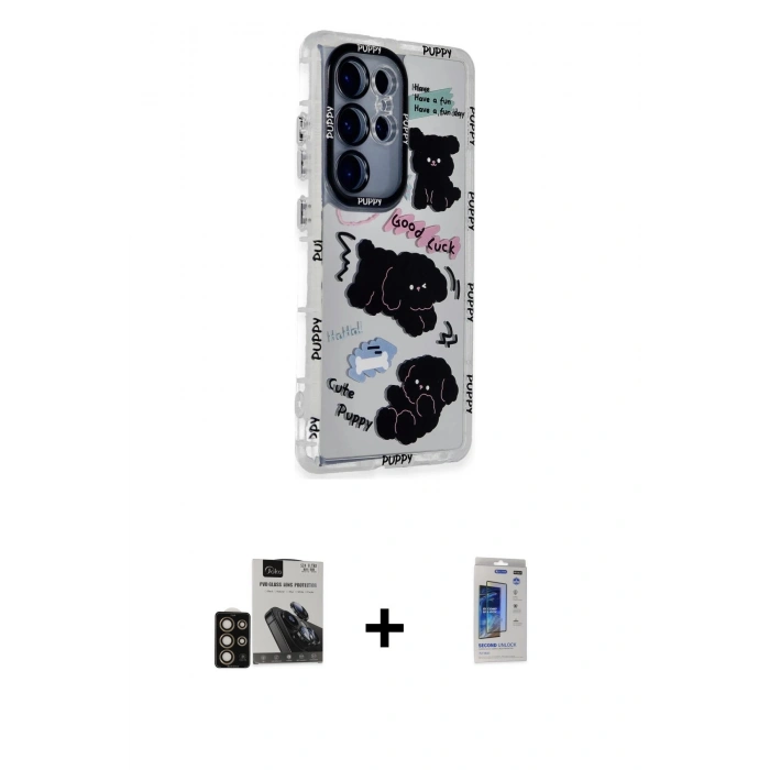MARSİLYAN™- Galaxy S24 Ultra Kılıf Ahenk Modern Serisi - Siyah Durable Full Glue Curved Hayalet Cam + PVD Metal Kamera Lens - GD