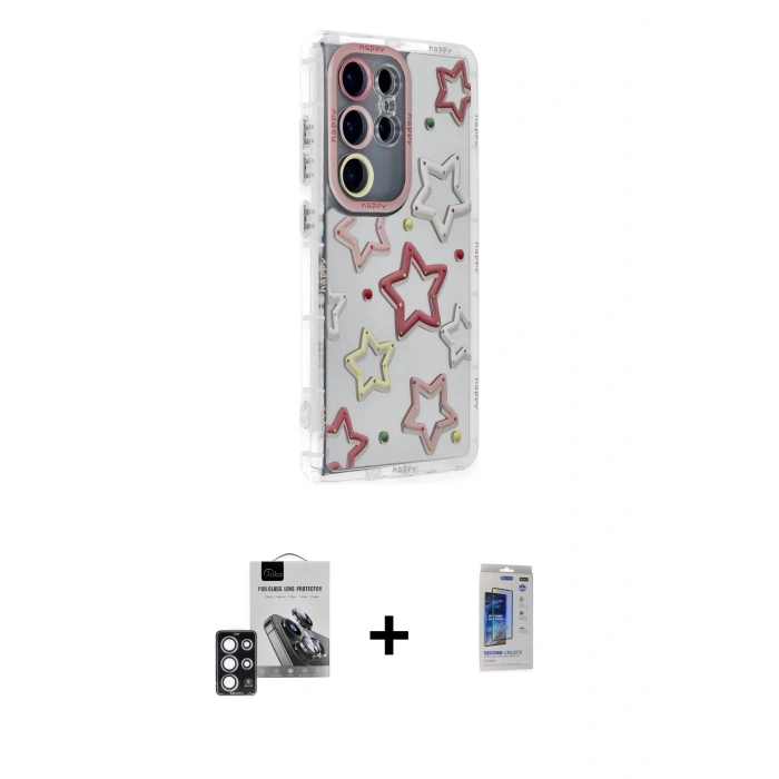 MARSİLYAN™- Galaxy S24 Ultra Kılıf Ahenk Modern Serisi - Siyah Durable Full Glue Curved Hayalet Cam + PVD Metal Kamera Lens - PE