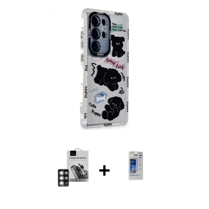 MARSİLYAN™- Galaxy S24 Ultra Kılıf Ahenk Modern Serisi - Siyah Durable Full Glue Curved Hayalet Cam + PVD Metal Kamera Lens - PE