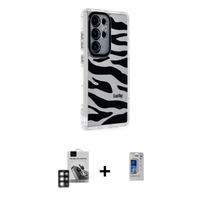 MARSİLYAN™- Galaxy S24 Ultra Kılıf Ahenk Modern Serisi - Siyah Durable Full Glue Curved Hayalet Cam + PVD Metal Kamera Lens - PE