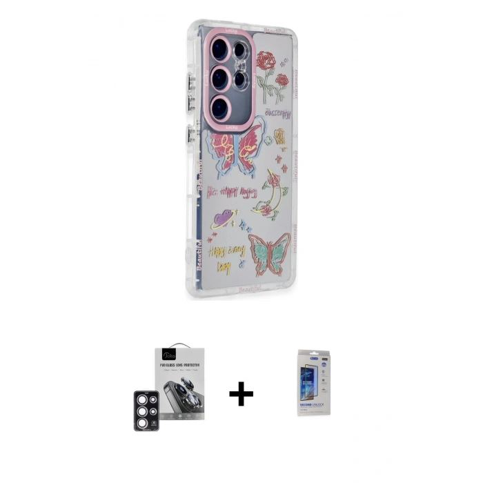 MARSİLYAN™- Galaxy S24 Ultra Kılıf Ahenk Modern Serisi - Siyah Durable Full Glue Curved Hayalet Cam + PVD Metal Kamera Lens - PE