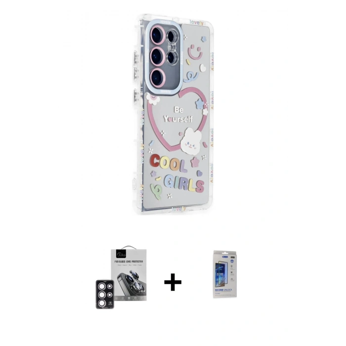MARSİLYAN™- Galaxy S24 Ultra Kılıf Ahenk Modern Serisi - Siyah Durable Full Glue Curved Hayalet Cam + PVD Metal Kamera Lens - PE