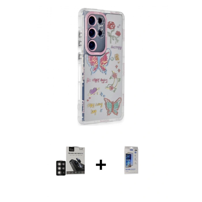 MARSİLYAN™- Galaxy S24 Ultra Kılıf Ahenk Modern Serisi - Siyah Durable Full Glue Curved Hayalet Cam + PVD Metal Kamera Lens - DNMR