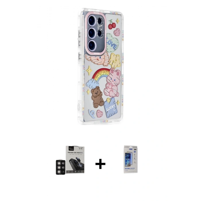 MARSİLYAN™- Galaxy S24 Ultra Kılıf Ahenk Modern Serisi - Siyah Durable Full Glue Curved Hayalet Cam + PVD Metal Kamera Lens - DNMR
