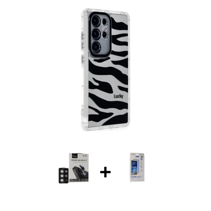 MARSİLYAN™- Galaxy S24 Ultra Kılıf Ahenk Modern Serisi - Siyah Durable Full Glue Curved Hayalet Cam + PVD Metal Kamera Lens - DNMR