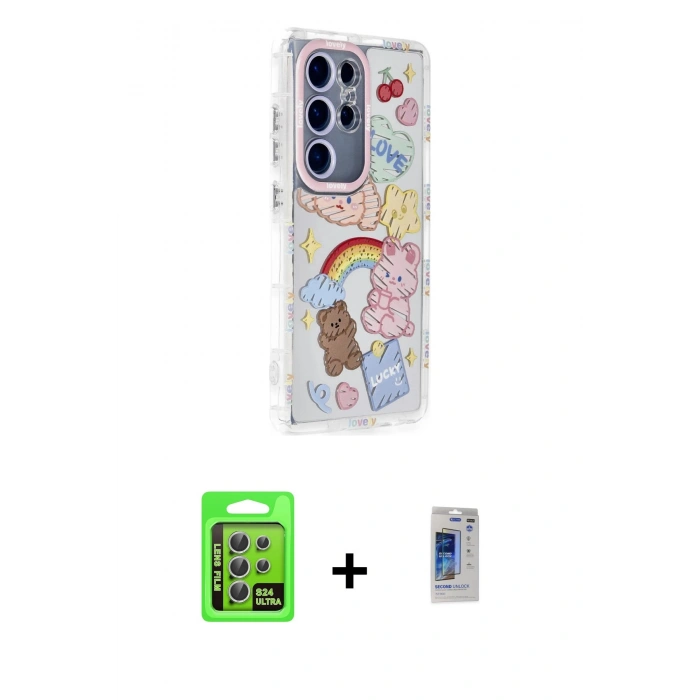 MARSİLYAN™- Galaxy S24 Ultra Kılıf Ahenk Modern Serisi - Siyah Durable Full Glue Curved Hayalet Cam + Raze Metal Kamera Lens - GS