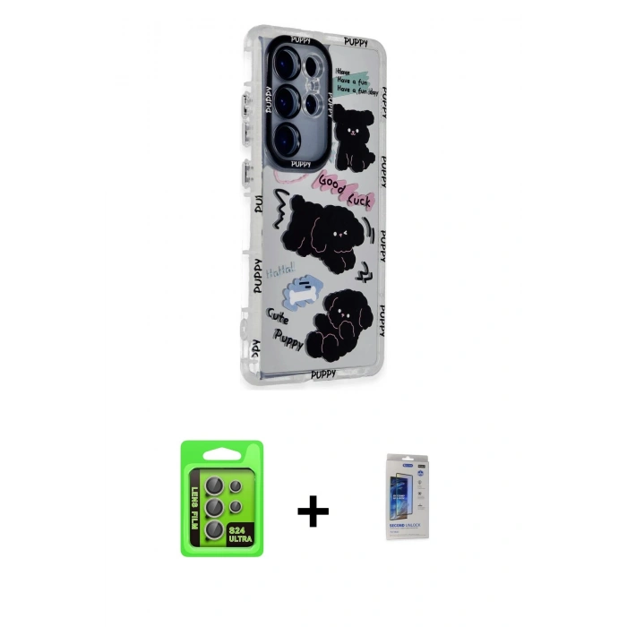 MARSİLYAN™- Galaxy S24 Ultra Kılıf Ahenk Modern Serisi - Siyah Durable Full Glue Curved Hayalet Cam + Raze Metal Kamera Lens - GI