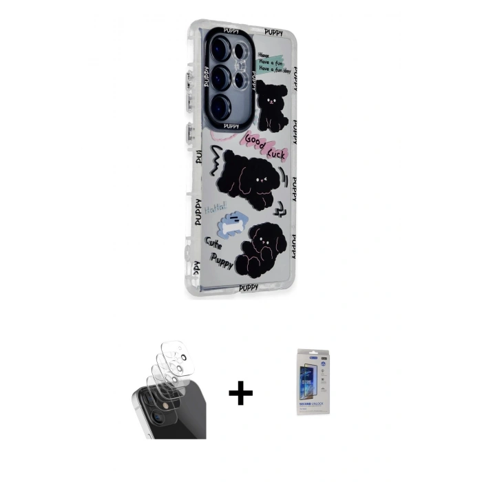 MARSİLYAN™- Galaxy S24 Ultra Kılıf Ahenk Modern Serisi - Siyah Durable Full Glue Curved Hayalet Cam + Kamera Lens Koruma Cam - SF