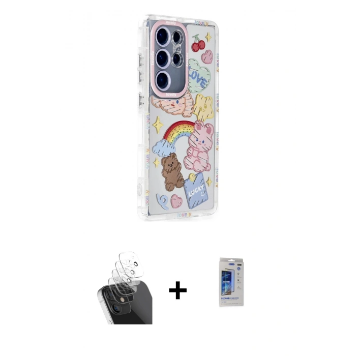 MARSİLYAN™- Galaxy S24 Ultra Kılıf Ahenk Modern Serisi - Siyah Durable Full Glue Curved Hayalet Cam + Kamera Lens Koruma Cam - SF