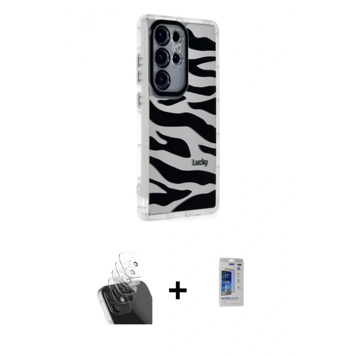 MARSİLYAN™- Galaxy S24 Ultra Kılıf Ahenk Modern Serisi - Siyah Durable Full Glue Curved Hayalet Cam + Kamera Lens Koruma Cam - SF