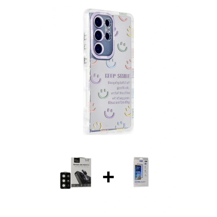 MARSİLYAN™- Galaxy S24 Ultra Kılıf Ahenk Modern Serisi - Siyah Durable Full Glue Curved Hayalet Cam + PVD Metal Kamera Lens - SH