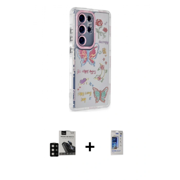 MARSİLYAN™- Galaxy S24 Ultra Kılıf Ahenk Modern Serisi - Siyah Durable Full Glue Curved Hayalet Cam + PVD Metal Kamera Lens - SH