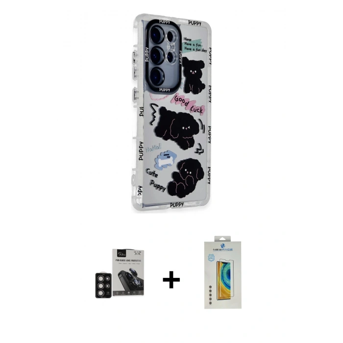 MARSİLYAN™- Galaxy S24 Ultra Kılıf Ahenk Modern Serisi - Siyah Polymer Nano Ekran Koruyucu + PVD Metal Kamera Lens - DNMR