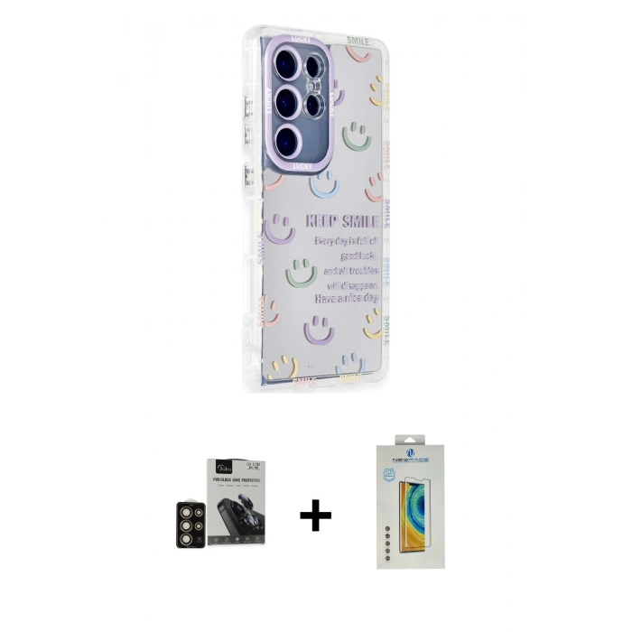 MARSİLYAN™- Galaxy S24 Ultra Kılıf Ahenk Modern Serisi - Siyah Polymer Nano Ekran Koruyucu + PVD Metal Kamera Lens - GD