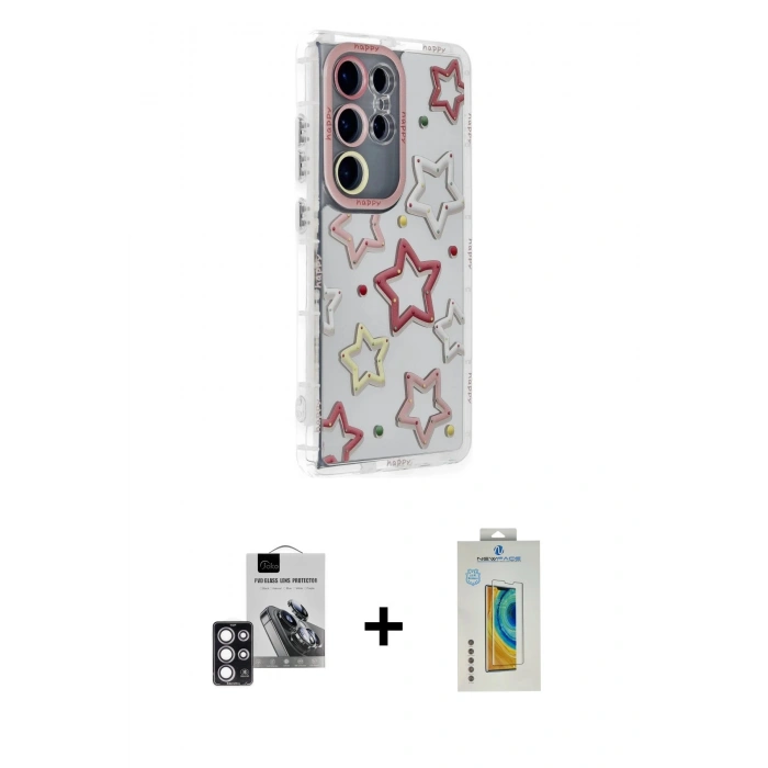 MARSİLYAN™- Galaxy S24 Ultra Kılıf Ahenk Modern Serisi - Siyah Polymer Nano Ekran Koruyucu + PVD Metal Kamera Lens - PE