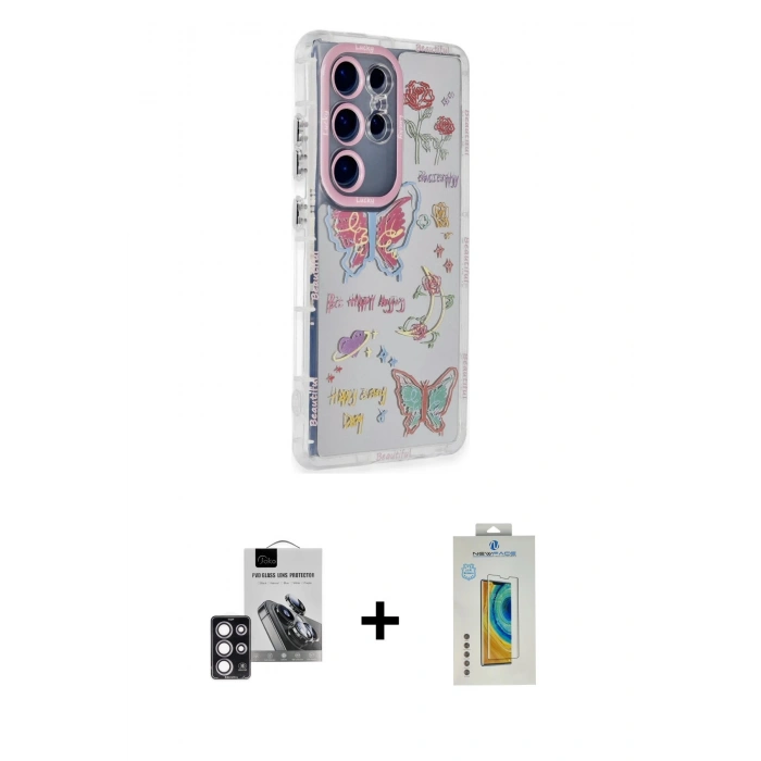 MARSİLYAN™- Galaxy S24 Ultra Kılıf Ahenk Modern Serisi - Siyah Polymer Nano Ekran Koruyucu + PVD Metal Kamera Lens - PE