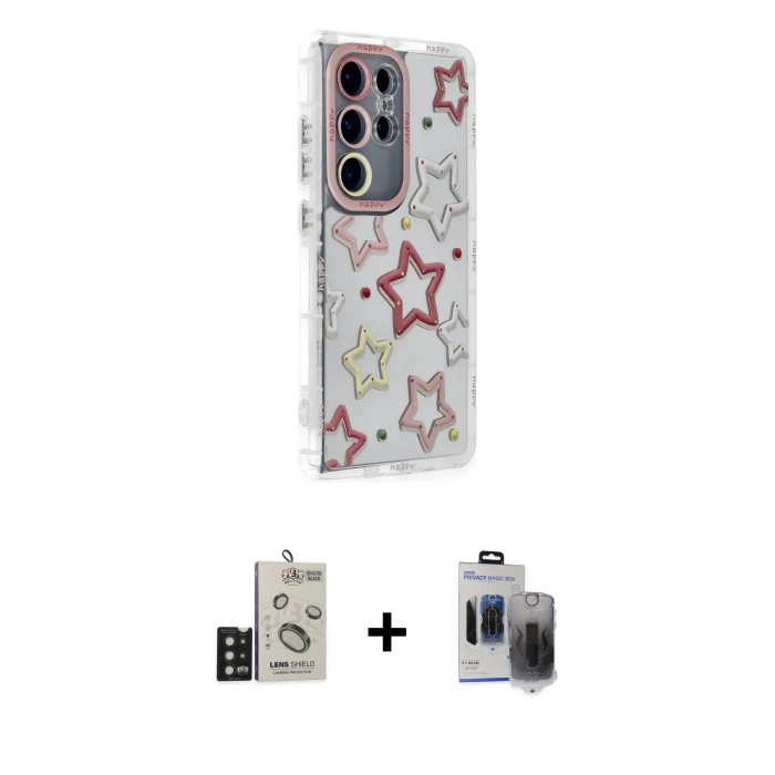 MARSİLYAN™- Galaxy S24 Ultra Kılıf Ahenk Modern Serisi - Siyah Vanessa Magic Hayalet Cam + Bilvis Titan Kamera Lens - SH