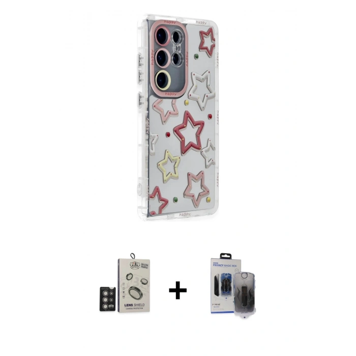 MARSİLYAN™- Galaxy S24 Ultra Kılıf Ahenk Modern Serisi - Siyah Vanessa Magic Hayalet Cam + Bilvis Titan Kamera Lens - DNMR