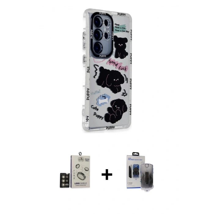 MARSİLYAN™- Galaxy S24 Ultra Kılıf Ahenk Modern Serisi - Siyah Vanessa Magic Hayalet Cam + Bilvis Titan Kamera Lens - GD