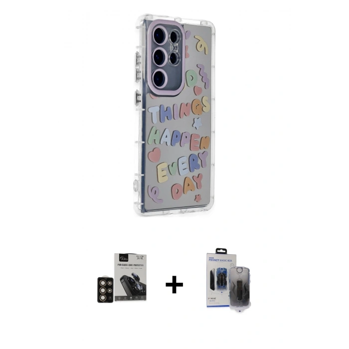 MARSİLYAN™- Galaxy S24 Ultra Kılıf Ahenk Modern Serisi - Siyah Vanessa Magic Hayalet Cam + PVD Metal Kamera Lens - GD