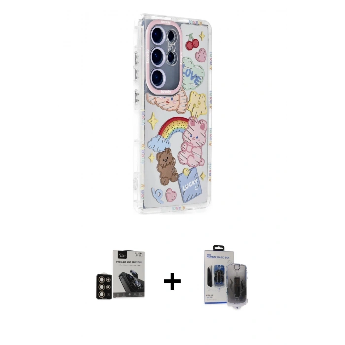 MARSİLYAN™- Galaxy S24 Ultra Kılıf Ahenk Modern Serisi - Siyah Vanessa Magic Hayalet Cam + PVD Metal Kamera Lens - GD
