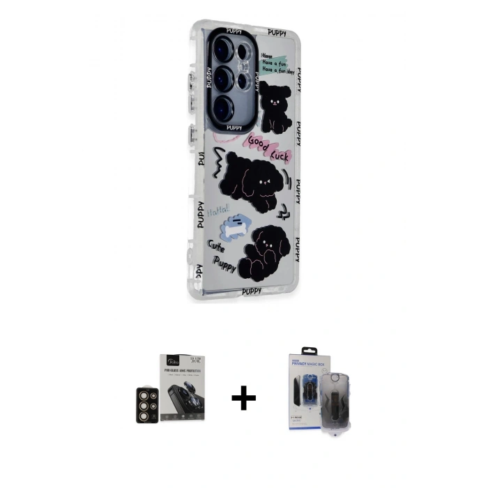 MARSİLYAN™- Galaxy S24 Ultra Kılıf Ahenk Modern Serisi - Siyah Vanessa Magic Hayalet Cam + PVD Metal Kamera Lens - GD