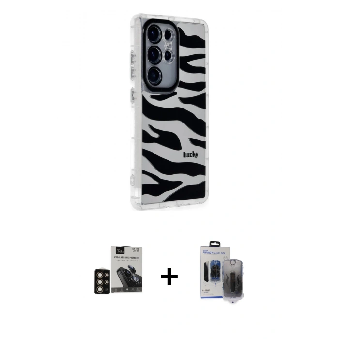 MARSİLYAN™- Galaxy S24 Ultra Kılıf Ahenk Modern Serisi - Siyah Vanessa Magic Hayalet Cam + PVD Metal Kamera Lens - GD