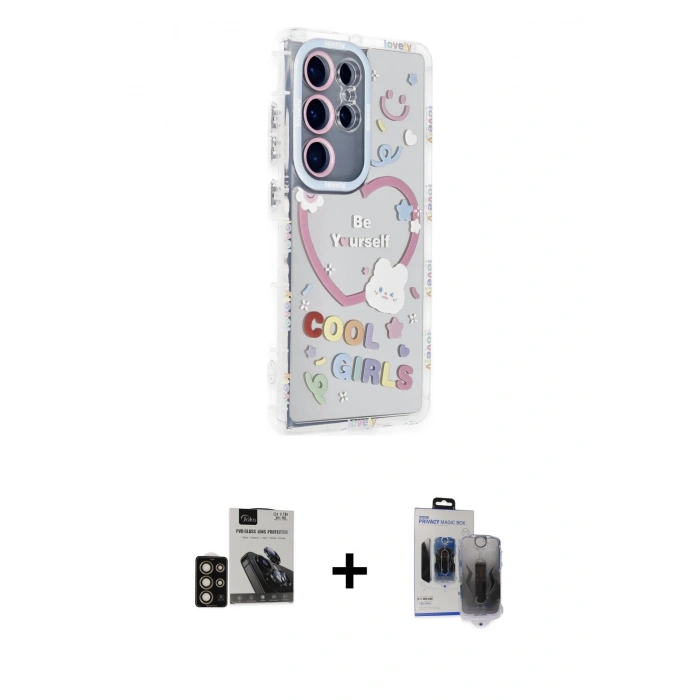 MARSİLYAN™- Galaxy S24 Ultra Kılıf Ahenk Modern Serisi - Siyah Vanessa Magic Hayalet Cam + PVD Metal Kamera Lens - GD