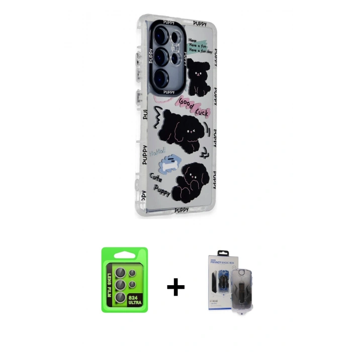MARSİLYAN™- Galaxy S24 Ultra Kılıf Ahenk Modern Serisi - Siyah Vanessa Magic Hayalet Cam + Raze Metal Kamera Lens - GI