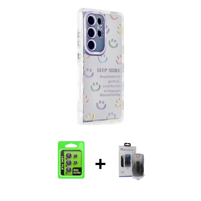MARSİLYAN™- Galaxy S24 Ultra Kılıf Ahenk Modern Serisi - Siyah Vanessa Magic Hayalet Cam + Raze Metal Kamera Lens - GI