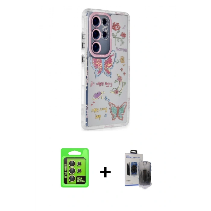 MARSİLYAN™- Galaxy S24 Ultra Kılıf Ahenk Modern Serisi - Siyah Vanessa Magic Hayalet Cam + Raze Metal Kamera Lens - SI