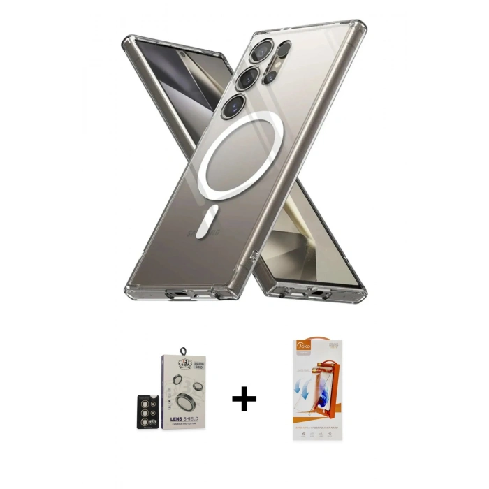 MARSİLYAN™- Galaxy S24 Ultra Kılıf Ahenk Yansıma Prime - Siyah AutoKit 5in1 Fiber Polymer Nano Ekran Koruyucu + Bilvis Titan Kamera Lens - GD