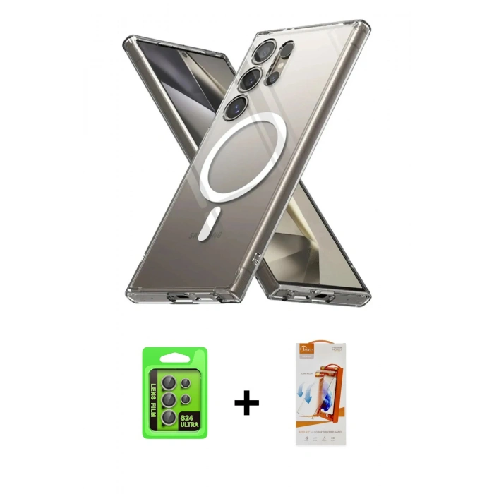 MARSİLYAN™- Galaxy S24 Ultra Kılıf Ahenk Yansıma Prime - Siyah AutoKit 5in1 Fiber Polymer Nano Ekran Koruyucu + Raze Metal Kamera Lens - GI