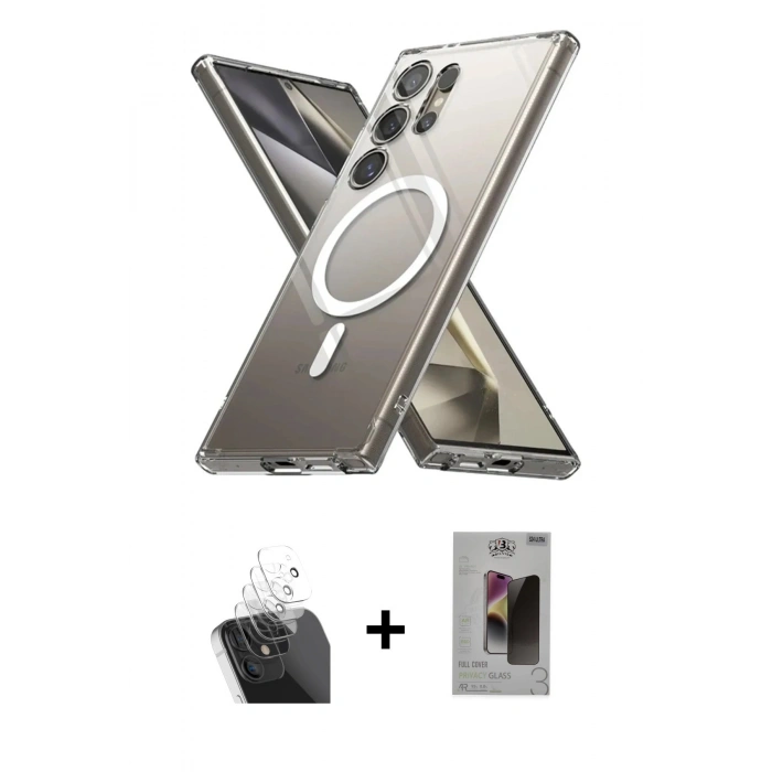 MARSİLYAN™- Galaxy S24 Ultra Kılıf Ahenk Yansıma Prime - Siyah Bilvis Hayalet Cam Ekran Koruyucu + Kamera Lens Koruma Cam - SF