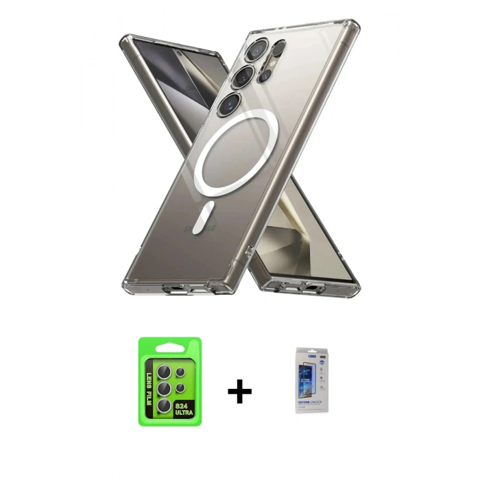 MARSİLYAN™- Galaxy S24 Ultra Kılıf Ahenk Yansıma Prime - Siyah Durable Full Glue Curved Hayalet Cam + Raze Metal Kamera Lens - GS