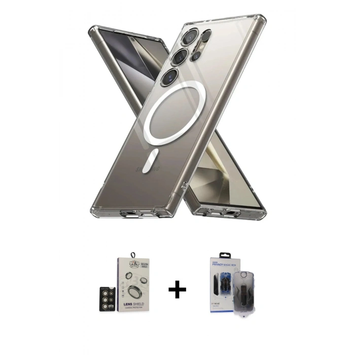 MARSİLYAN™- Galaxy S24 Ultra Kılıf Ahenk Yansıma Prime - Siyah Vanessa Magic Hayalet Cam + Bilvis Titan Kamera Lens - GD