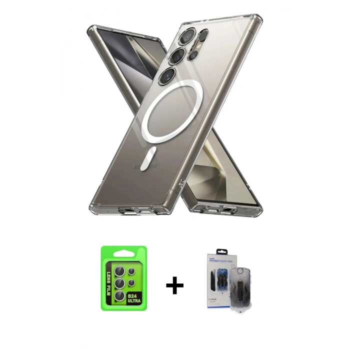 MARSİLYAN™- Galaxy S24 Ultra Kılıf Ahenk Yansıma Prime - Siyah Vanessa Magic Hayalet Cam + Raze Metal Kamera Lens - GS