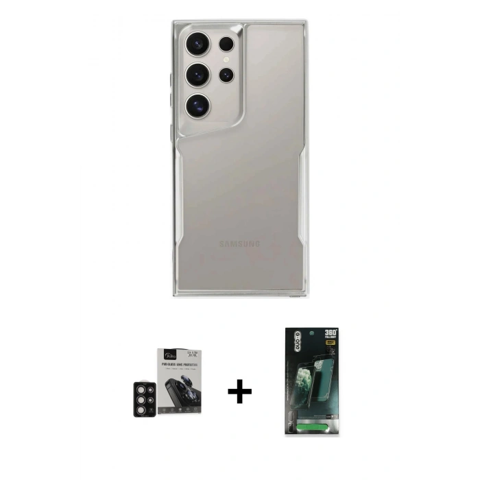 MARSİLYAN™- Galaxy S24 Ultra Kılıf Akış Çizgi Koleksiyonu - Şeffaf 360 Full Body Arka Koruyucu + PVD Metal Kamera Lens - DNMR
