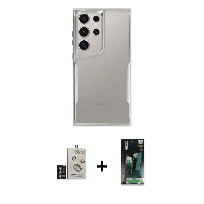 MARSİLYAN™- Galaxy S24 Ultra Kılıf Akış Çizgi Koleksiyonu - Şeffaf 360 Full Body Arka Koruyucu + Bilvis Titan Kamera Lens - GD