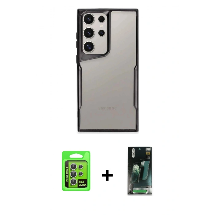 MARSİLYAN™- Galaxy S24 Ultra Kılıf Akış Çizgi Koleksiyonu - Şeffaf 360 Full Body Arka Koruyucu + Raze Metal Kamera Lens - GS