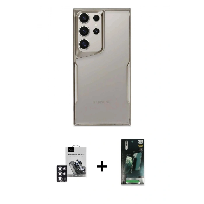MARSİLYAN™- Galaxy S24 Ultra Kılıf Akış Çizgi Koleksiyonu - Şeffaf 360 Full Body Arka Koruyucu + PVD Metal Kamera Lens - PE