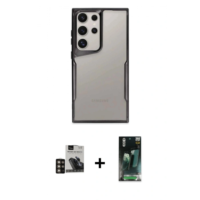 MARSİLYAN™- Galaxy S24 Ultra Kılıf Akış Çizgi Koleksiyonu - Şeffaf 360 Full Body Arka Koruyucu + PVD Metal Kamera Lens - GD