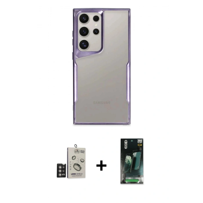 MARSİLYAN™- Galaxy S24 Ultra Kılıf Akış Çizgi Koleksiyonu - Siyah 360 Mat Full Body Arka Koruyucu + Bilvis Titan Kamera Lens - DNMR