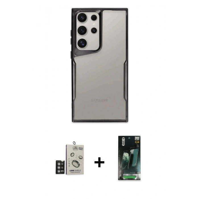 MARSİLYAN™- Galaxy S24 Ultra Kılıf Akış Çizgi Koleksiyonu - Siyah 360 Mat Full Body Arka Koruyucu + Bilvis Titan Kamera Lens - DNMR