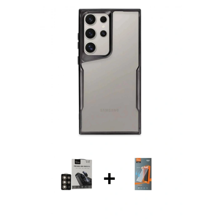 MARSİLYAN™- Galaxy S24 Ultra Kılıf Akış Çizgi Koleksiyonu - Siyah AutoKit 5in1 Fiber Hayalet Polymer Nano Ekran Koruyucu + PVD Metal Kamera Lens - GD