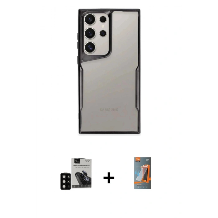MARSİLYAN™- Galaxy S24 Ultra Kılıf Akış Çizgi Koleksiyonu - Siyah AutoKit 5in1 Fiber Hayalet Polymer Nano Ekran Koruyucu + PVD Metal Kamera Lens - SH